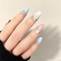 Lot de 10 faux ongles d'été faits à la main, forme amande moyenne, dégradé, avec coquillages et fleurs 3D, réutilisables, en gel