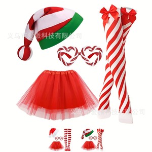 Ensemble de chapeaux de Noël tricotés, rayés rouge et blanc, base verte, 30-34 cm, pour costume de fête - Product Image 2