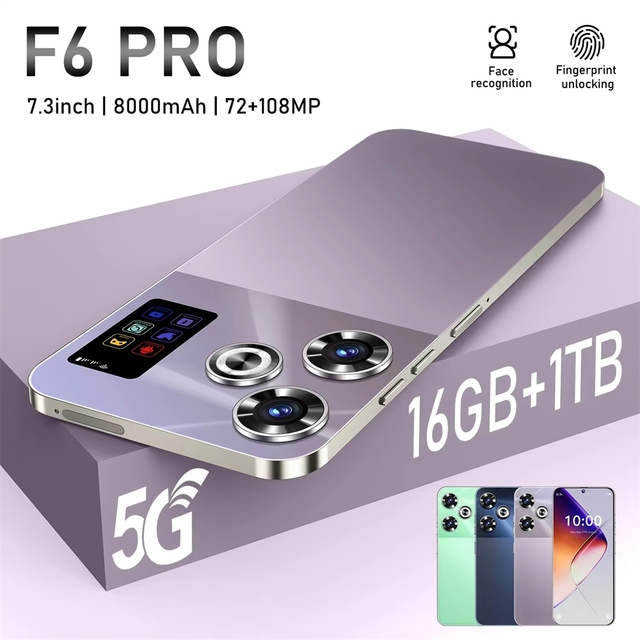 Fast Delivery 108MP Camera 5G LTE Smartphone F6 Pro with Octa Core 1TB Storage 2K LCD 60W Quick Charge Dual SIM Android 14