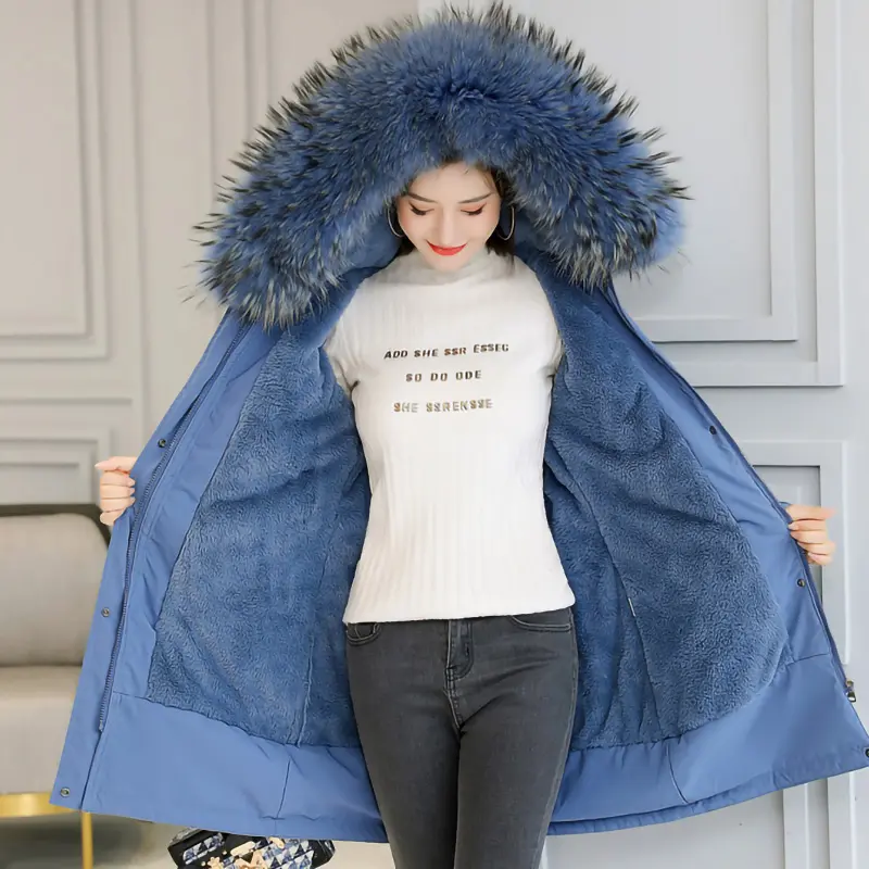Veste d'hiver en coton avec capuche pour femme, Parka longue, manteau fourrure,