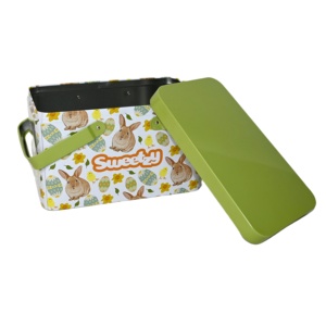 Rectangular Tin Box With Leather Handle Custom Printed Easter Metal Tin <b>Basket</b> <b>for</b> Candy Cookie Chocolate Gift <b>Storage</b> - Product Image 4