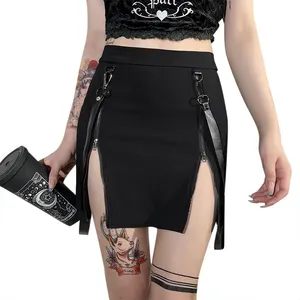 Seksi gotik Mini etek siyah Punk stil yüksek bel kadınlar etek fermuar yarık Patchwork moda Partywear WGS020