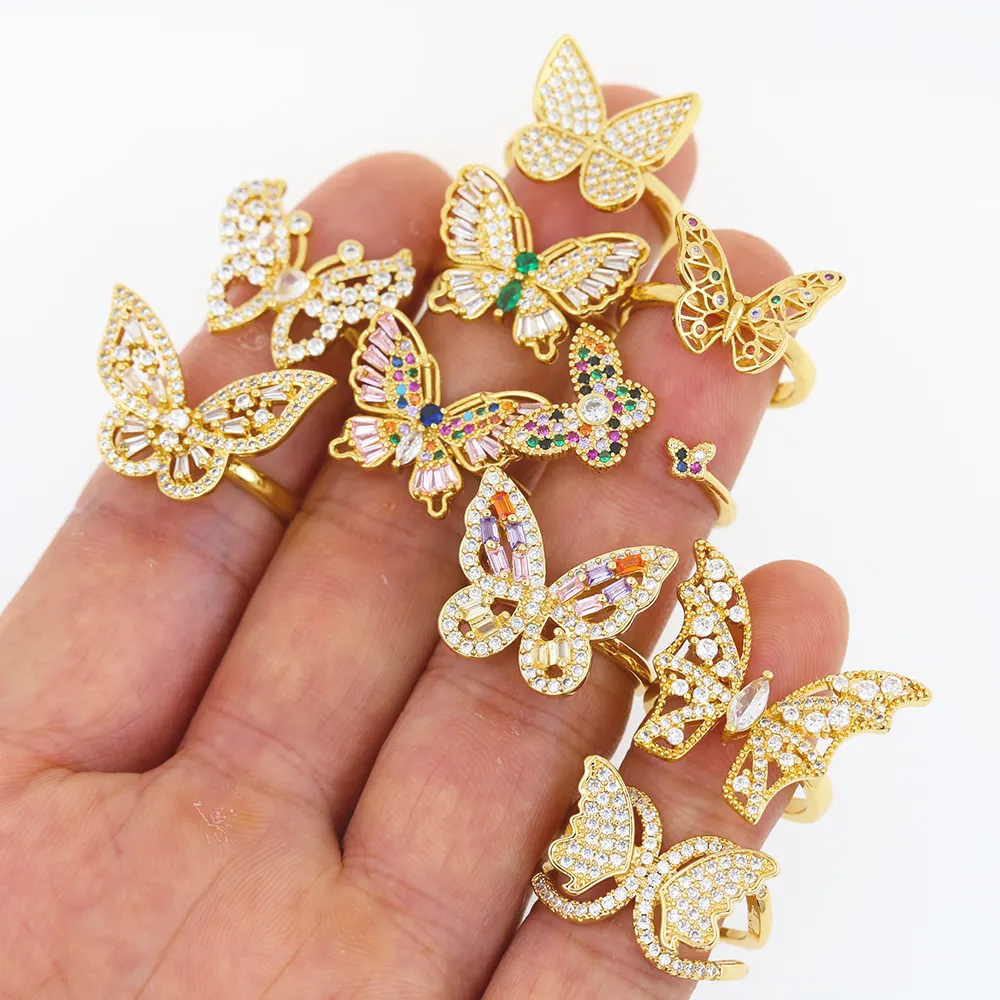 Women Unique Elegant Jewelry Gold Filled Cubic Zircon Butterfly Ring Anillos Open Adjustable Rings