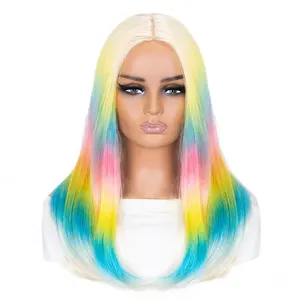 Synthetic Rainbow Ombre Colorful High Temperature Long Highlight Straight Europe and the United States new imitation female wig