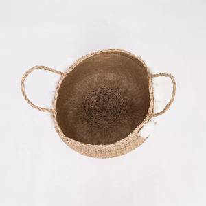 High Quality Vietnam Seagrass Belly <b>Basket</b> Natural <b>Plastic</b> Storage Organizer Colorful Pompoms for Home Laundry Daily Storage - Product Image 4