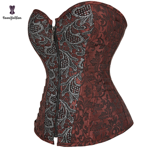 Crâne Style <span class=keywords><strong>Pirate</strong></span> Corsage Corselet Femmes Avant Zip Brun Overbust Top Corsets et Bustiers Avec 12 Os En Acier - Product Image 3