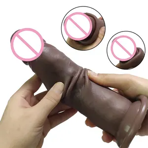 GF Dildo Realistic Movable Foreskin Wholesale 7.87 in Chocolate Brown Silicone Penis Big Suction Cup Soft Sliding Skin Dildo