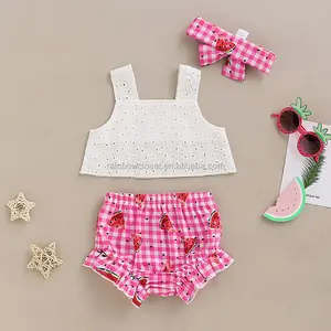 Toddler bé của cô gái Dây giày ren áo sơ mi và tùy chỉnh in Ruffle quần short trẻ em 2 pcs quần áo mùa hè Bộ