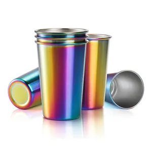 Durable Rainbow 16oz Camping Tazas Metal Beer Pong Tazas con tapas y pajita para bebidas frías calientes Taza de pinta de acero inoxidable