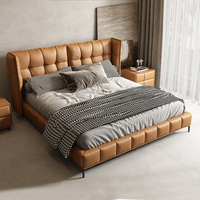 Cama Doble de Lujo Moderna con Tapicería de Cuero, Estructura de Madera Ecológica, Suave y Minimalista para Recámara Principal, de Alta Gama y Ambiente Sofisticado