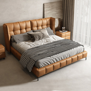 Cama de Cuero de Lujo Ligero, Minimalista, para Dormitorio Principal, Cama Doble de Alta Gama y Elegante - Product Image 1