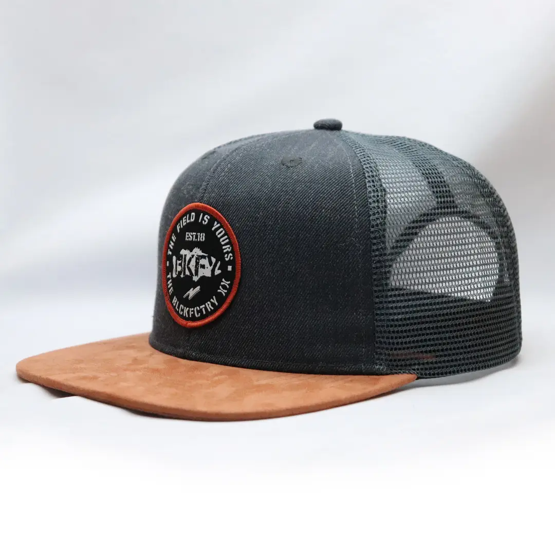 6 Panel Quality Design Your Own Woven Patch Flat Bill Suede Brim Mesh Snapback Cap Trucker Hat Custom Logo