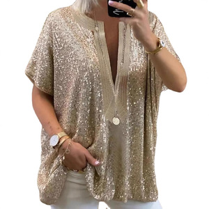 Camisa de Manga Corta con Cuello en V y Lentejuelas, Color Dorado y Plateado, Blusa de Fiesta, Top Informal Holgado para Mujer, Tela de Poliéster - Product Image 5