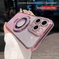 Coque en gel de silicone à chargement magnétique scintillante pour 14 15 16 17 18 Pro Max avec support anneau serti de diamants et résistant aux chutes