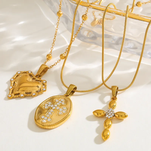 Women Jewelry 18K Gold Plated 304 Stainless Steel Zircon Cross Heart Shape <b>Necklace</b> Casual Style Cable <b>Chain</b> Pendant Day Wear - Product Image 1