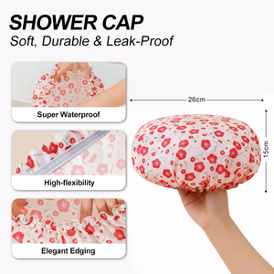 Sujie – <span class=keywords><strong>Bonnet</strong></span> <span class=keywords><strong>de</strong></span> douche élégant pour <span class=keywords><strong>femme</strong></span>, motif petite fleur rouge, en PE imperméable et sûr, confortable et portable pour la douche quotidienne - Product Image 4