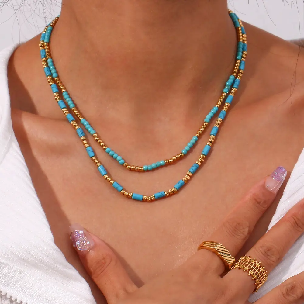 Fashion Boho Blue Turquoise Bead Chain Natural Stone Beads Necklace 18K Gold Pleated Stainless Steel Choker Necklace For Women