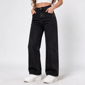 Jean droit noir taille haute avec détails contrastants <span class=keywords><strong>pour</strong></span> femme – Idéal <span class=keywords><strong>pour</strong></span> les sorties automnales - Product Image 1