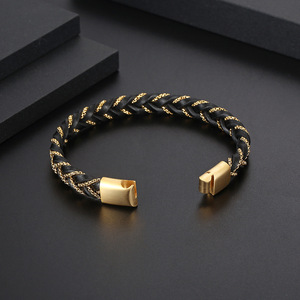 Gelang kulit asli berlapis emas pria, gelang dan gelang kulit asli dengan kotak kepang buatan tangan baja tahan karat - Product Image 2