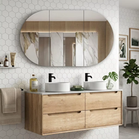 Meuble-lavabo mural flottant sans poignée en chêne neutre, avec tiroirs de rangement et miroir en option pour salles de bain