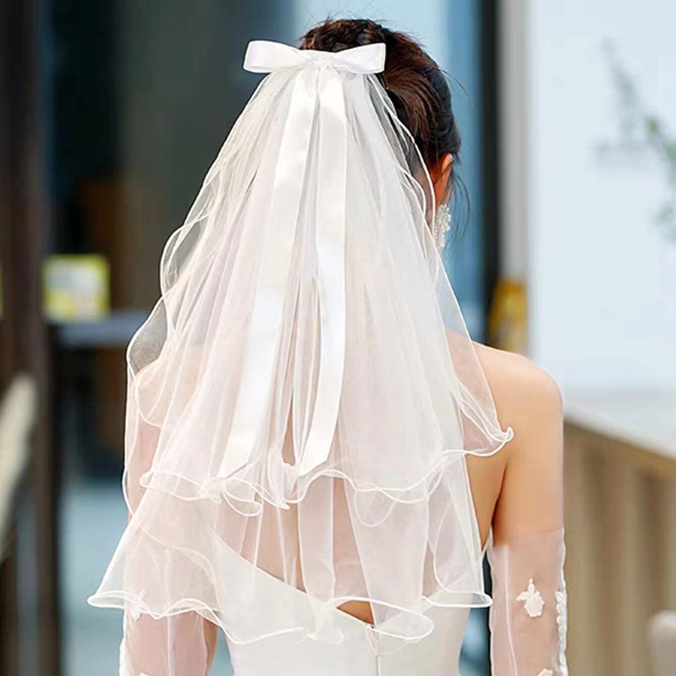 Bridal Veil Hair Accessory - White Wedding Veil Bridal Hair Bow Veil White Wedding Veil Bowknot Lace Hair  main image 4