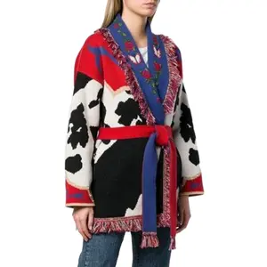 カシミアカーディガン高品質卸売女性ファッション花刺繍セーター長袖