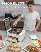 Barbecue Grill Électrique Automatique Sans Fumée Multifonction 3-en-1 Moderne pour Table, avec Friteuse et Rôtissoire Rotative à 360° pour Brochettes et Kebab