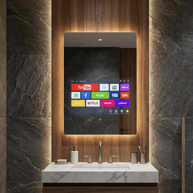 Frameless LED Light Bathroom Mirror TV IP65 Waterproof Touch Screen Smart Mirror TV With WIFI Youtube Netflix