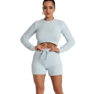 Wholesale Spring Knit Suit Custom Solid Color Cut Out Long Sleeve Top And Shorts Two Piece Fuzzy Cozy Mink Sweater Set For Women