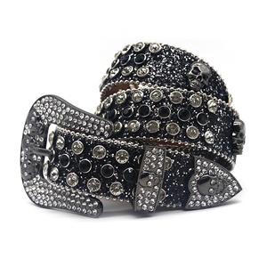 Cintura da uomo Western in pelle PU nera scintillante con strass, larghezza 3,8 cm, con fibbia a teschio, stile Hip Hop Punk, design <span class=keywords><strong>Baita</strong></span>, produzione di fabbrica - Product Image 5
