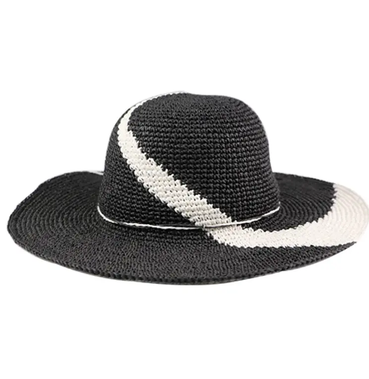 Sombrero de playa plegable al por mayor, sombrero de ganchillo de paja de papel protector solar, elegante ala ancha para mujer