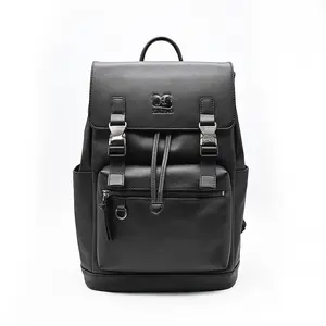 Custom Luxury Black Vegan Faux PU Leather Drawstring Backpack Fashion Rucksack Designer Laptop Backpacks Bag For Men
