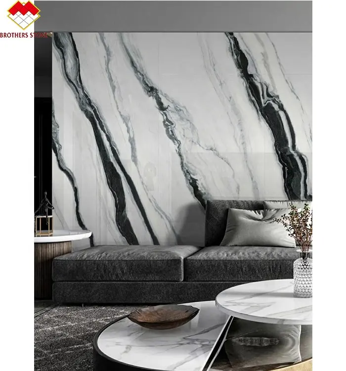 Polished Artificial Stone Panda White Marble Look Porcelain Tiles Black Veins Big Slab Wall Background White Sintered Stone