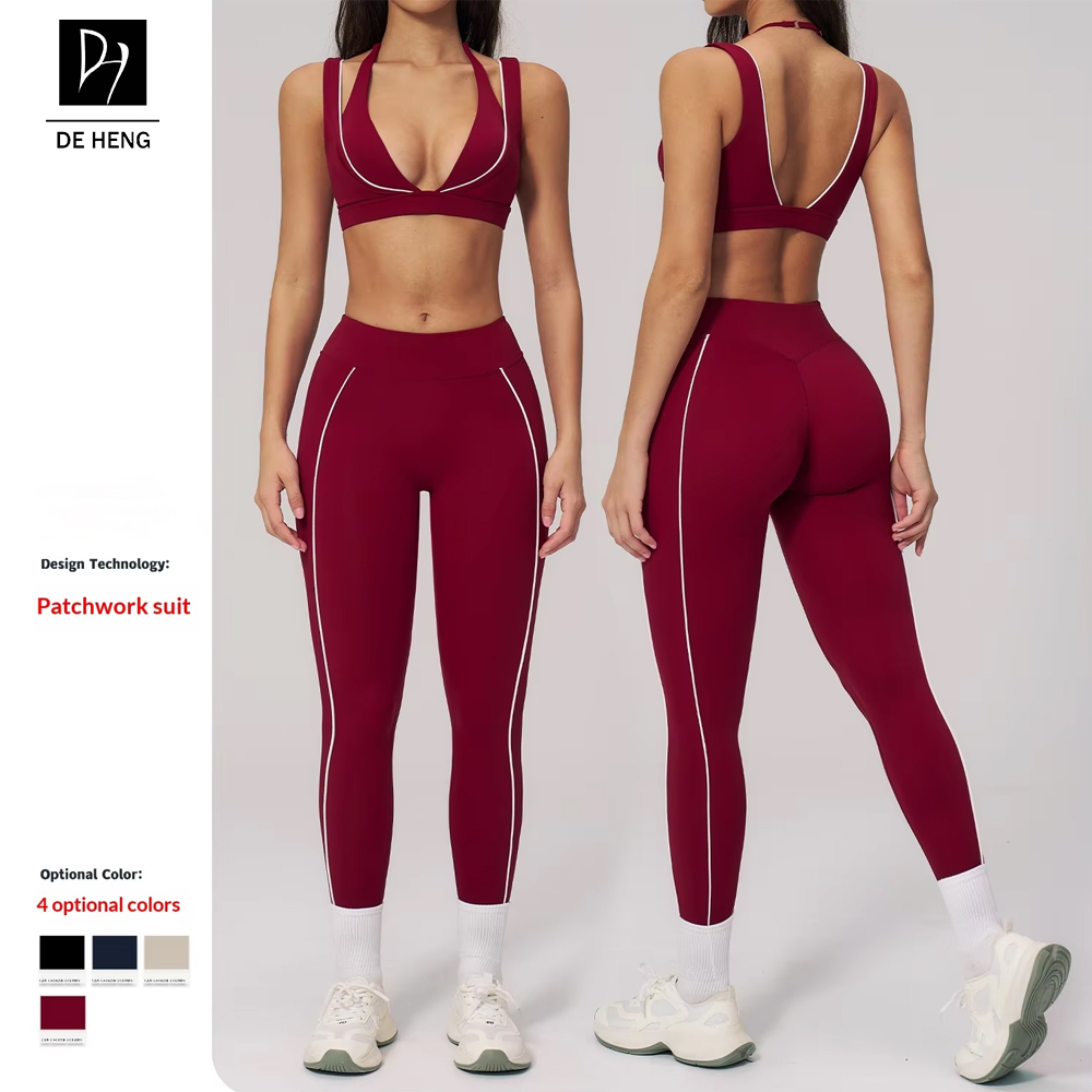 Deheng Custom Logo Halter Open Back Sports Bra Legging Pants Athleisure Sports Gym Fitness Yoga Sets