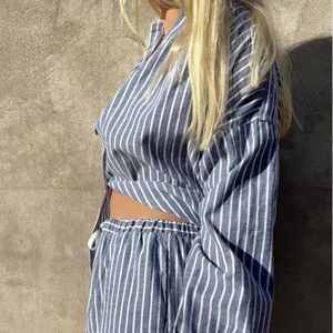 New Arrivals Striped <b>Linen</b> Two-Piece <b>Set</b> Casual Turn Down Collar <b>Linen</b> Shirt Elastic Waist <b>Linen</b> A-Line Short <b>Linen</b> <b>Set</b> - Product Image 1