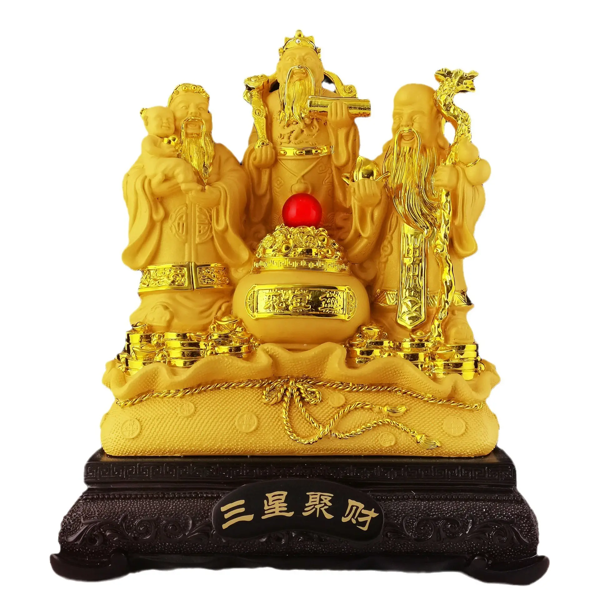 Buda Estátua Fu Lu Shou Resina Presentes Ouro Chinês Riqueza Ornamento Buda Família Feng Shui Ornamentos Média Boa Sorte e Riqueza