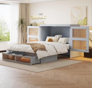 Letto a Scomparsa in Legno con Struttura in Pino in Stile Moderno e Inserto in Vimini, Adatto per Camere da Letto - Product Image 1
