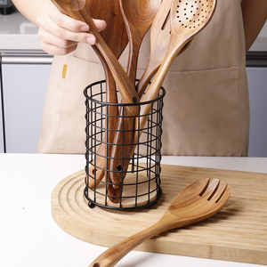 Porte-ustensiles en fil métallique noir pour comptoir de <span class=keywords><strong>cuisine</strong></span> avec base en bois, grand porte-ustensiles de comptoir, panier de rangement pour capsules de café - Product Image 3