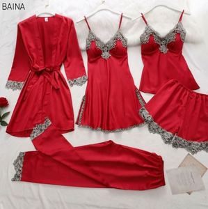 Conjunto de Lencería Sexy de Cinco Piezas de Satén para Verano, con Tirantes, Cierre Elástico en la Cintura, Largo hasta la Rodilla, Pijama para Mujer - Product Image 2