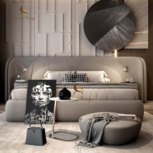 Luxury Modern Italian Bedroom <b>Bed</b> Furniture Set Solid Wood Leather <b>Platform</b> Light Grey Wooden <b>Frame</b> Fabric - Product Image 1