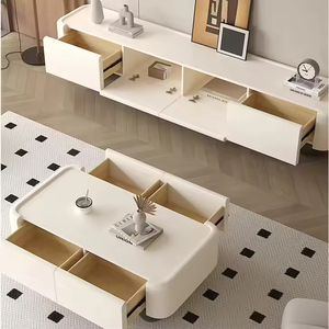 Meuble TV moderne en bois massif avec plateau en pierre de style crème, blanc, personnalisable pour salon - Product Image 2