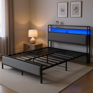 <b>Queen</b> <b>Size</b> <b>Bed</b> <b>Frame</b> With Led Lights Charging Station Storage Durable Upholstered Cement Gray Design - Product Image 2