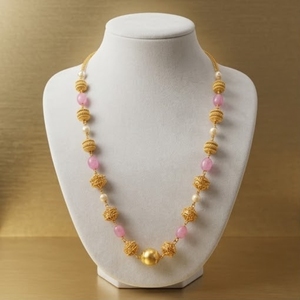 925 Silver Antique Mala <b>Necklace</b> with <b>Pink</b> Beads and Pearl Accents Traditional Ethnic Jewelry for Women Wear - Product Image 1