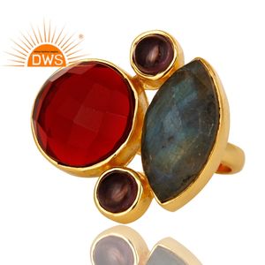 18k <b>Yellow</b> Gold Plated Brass Ring Hydro Garnet Amethyst Gemstone Ring Fashion Rings Jewelry Supplier - Product Image 2