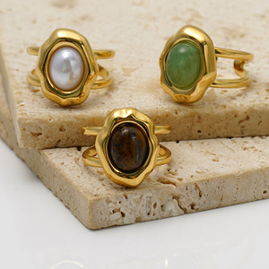 Anillo de Acero Inoxidable 316L con Piedra Ojo de Tigre y Aventurina, Chapado en Oro de 18K, Anillo Ajustable de Acero Titanio para Mujer - Product Image 5