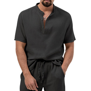 Camiseta de Hombre Lisa de Algodón y Poliéster con Cuello en V, Manga Corta, Botones, Bolsillo, Transpirable, Estilo Vintage, Casual, con Logo Henry - Product Image 3
