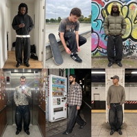 Pantalon en jean unisexe personnalisé à boutons chinois, coupe ample et large, avec surpiqûres contrastées, style streetwear vintage, hip-hop, ourlet incurvé