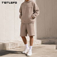 Ensemble sweat à capuche et short coupé-collé, coupe ample et carrée, en molleton épais taupe, ourlet côtelé, style streetwear, deux pièces, vente en gros