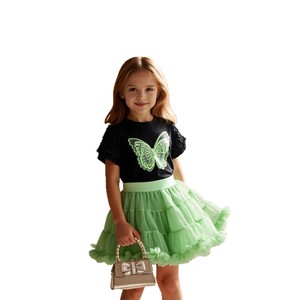 Conjunto de Ropa para Niñas Pequeñas al por Mayor, Camiseta de Manga Corta con Flores de <span class=keywords><strong>Tul</strong></span> + <span class=keywords><strong>Falda</strong></span> de <span class=keywords><strong>Tul</strong></span> en Capas Sólida, Conjunto de 2 Piezas - Product Image 5