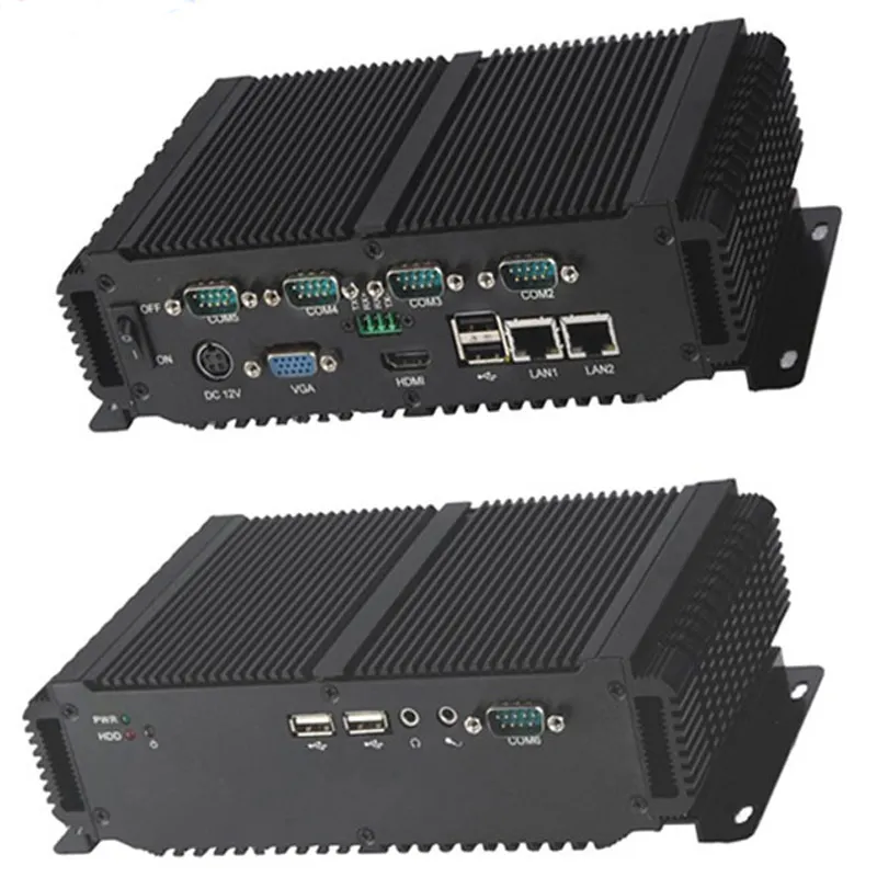 كمبيوتر صناعي بدون مروحة صغير الحجم يعمل بنظام تشغيل ويندوز XP ووحدة معالجة مركزية D2550 VGA 1xHDMI ومزود بـ 2 LAN و6 COM و4 USB